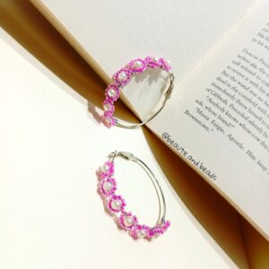 Stylish handmade hoop earrings crafted with pink seed beads and white pearls